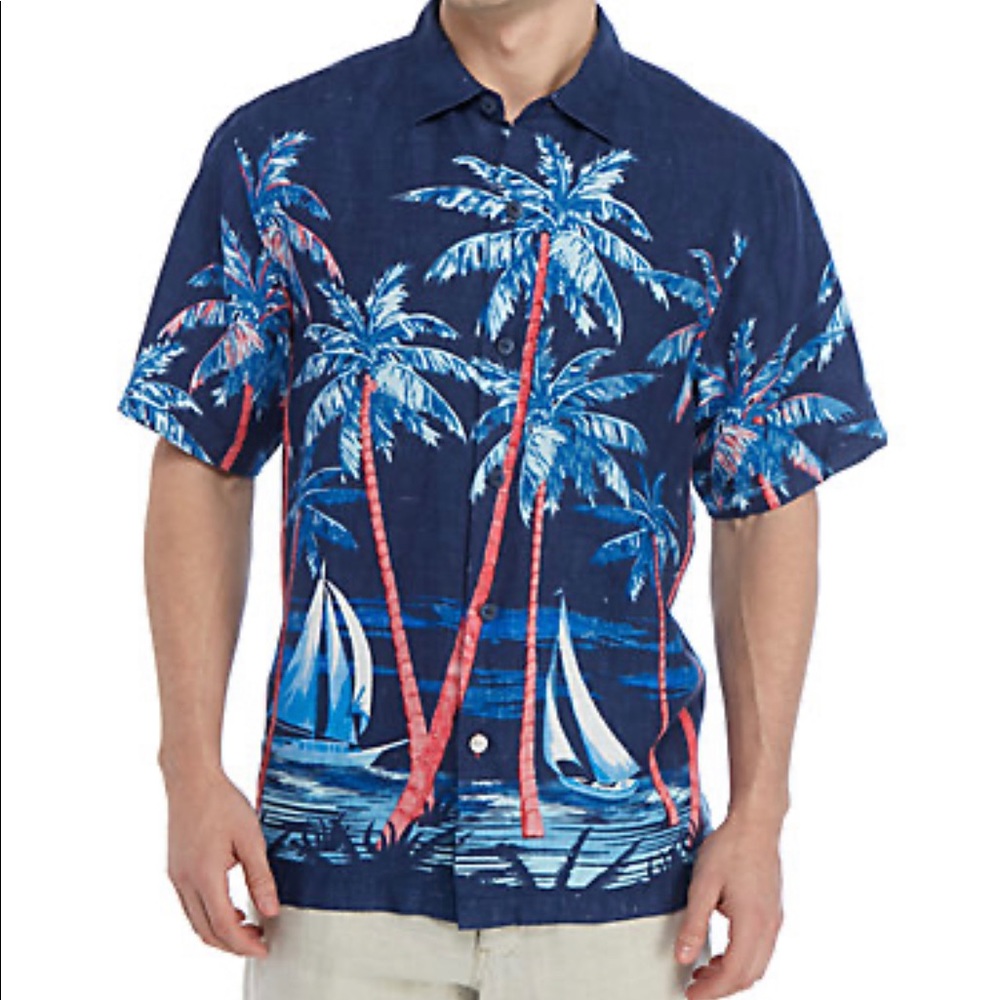 NWT Tommy Bahama Midnight Marina Button Down Linen Shirt Palm Trees Sail Boats M